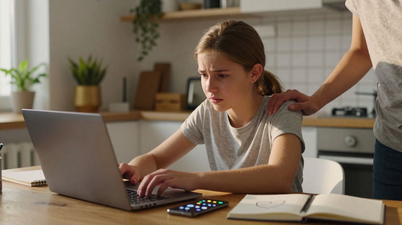 Rapaz preocupada no portátil com mão de apoio no ombro numa cozinha moderna.