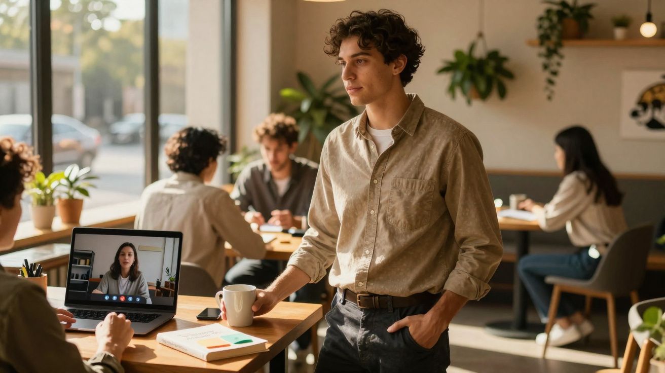 Jovem de pé num café moderno, segurando uma chávena, com colegas a trabalhar e videochamada no portátil.