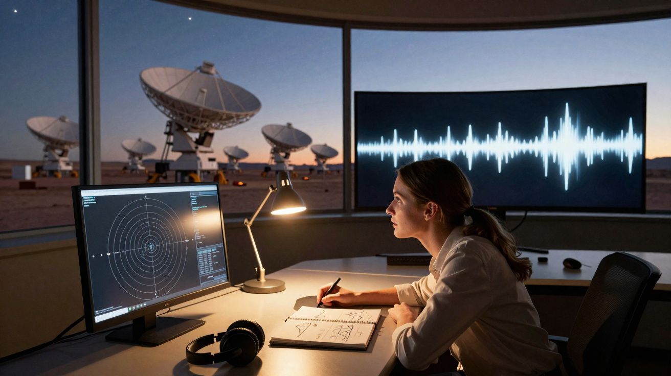 Mulher em controlo de radiotelescópios, analisando dados e sinais em monitores numa sala com vista para antenas parabólicas.
