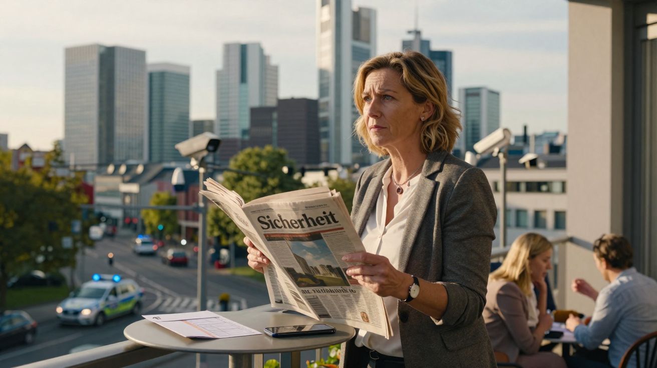 Mulher de cabelo curto a ler jornal Segurança na varanda de escritório com cidade ao fundo.