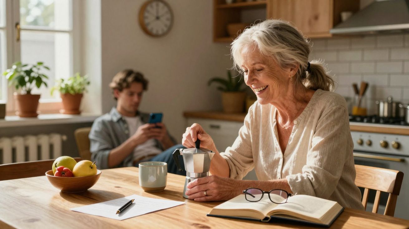 Mulher idosa a preparar café numa cozinha, homem ao fundo a usar telemóvel, mesa com livro e fruta.
