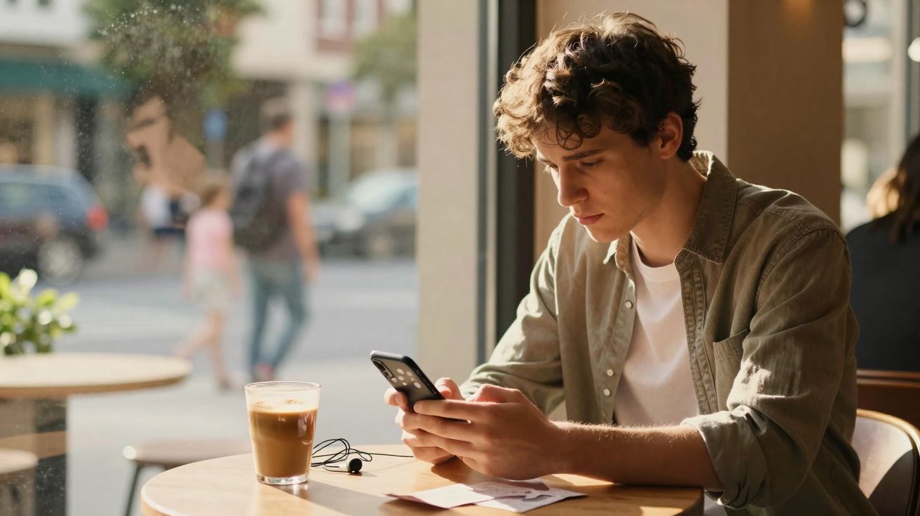 Jovem sentado numa cafetaria a usar o telemóvel, com café e auscultadores na mesa junto à janela.
