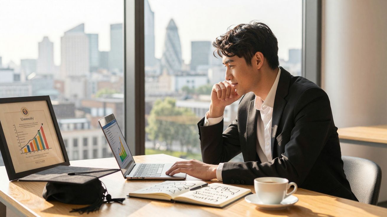 Homem de negócios a trabalhar no portátil com gráficos e notas numa mesa junto à janela.