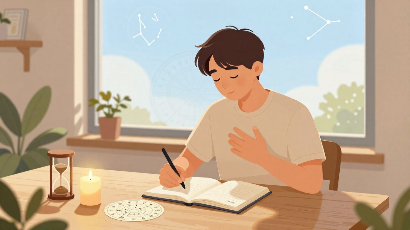 Pessoa a escrever num diário numa mesa com vela, ampulheta e símbolos astrológicos ao fundo.