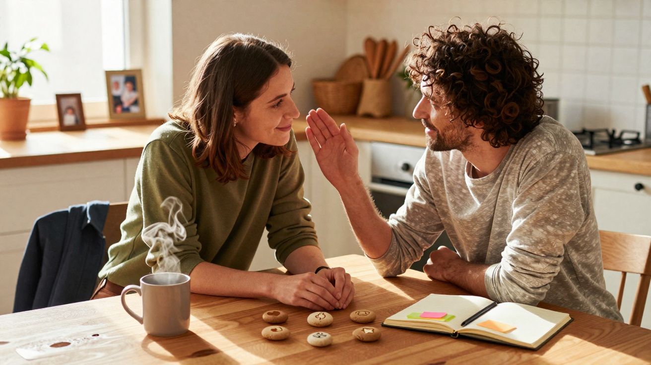 Casal conversa sorridente à mesa com biscoitos, caderno e chá quente numa cozinha iluminada.