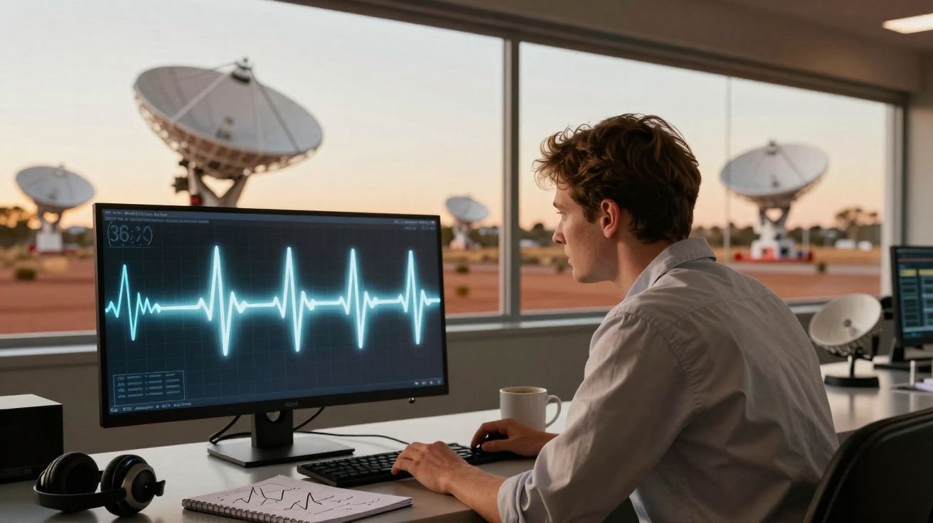 Homem sentado ao computador a analisar gráficos de sinais cardíacos com antenas parabólicas ao fundo.