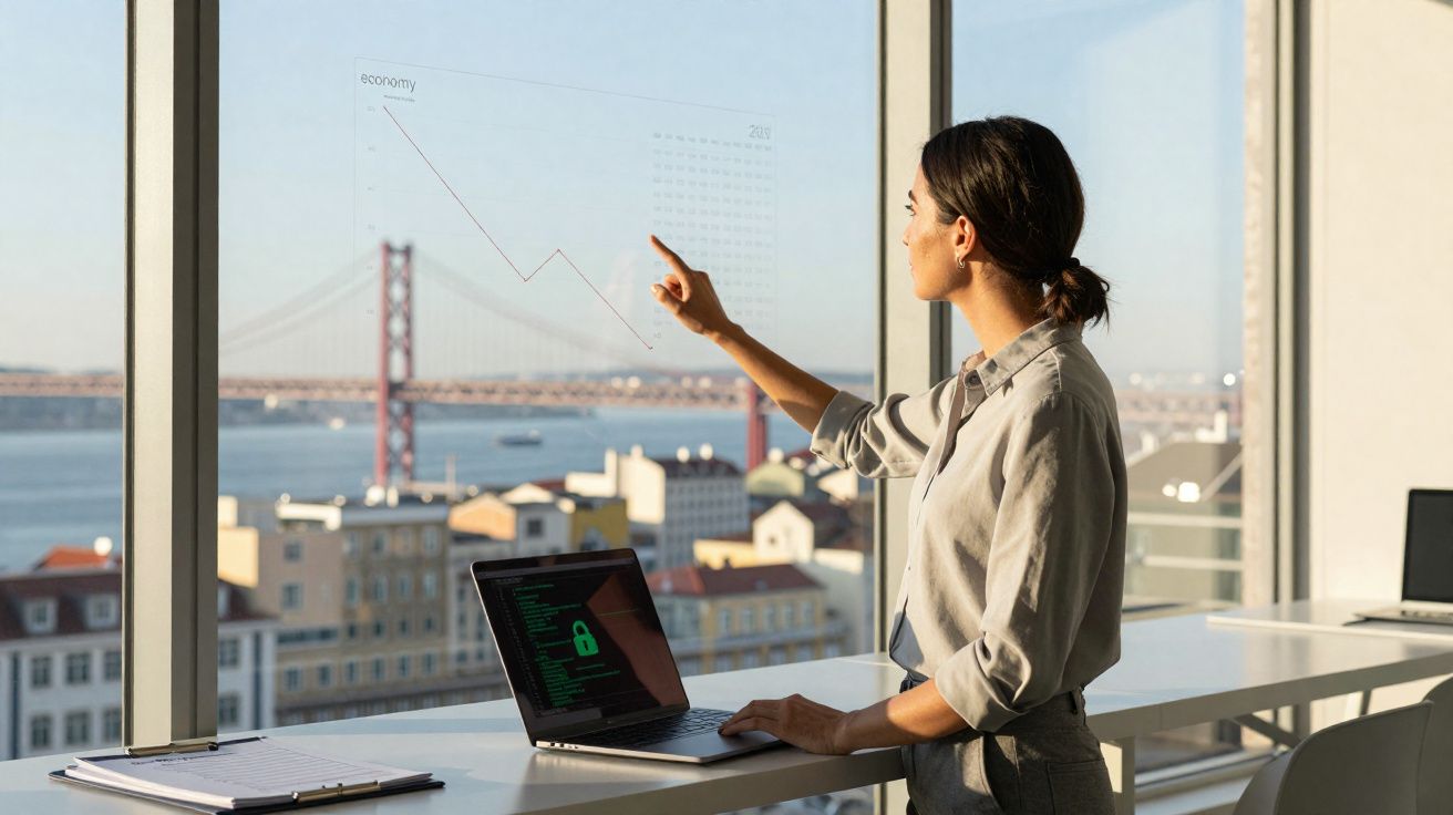 Mulher analisa gráfico económico projetado em janela com vista para cidade e ponte suspensa ao fundo.