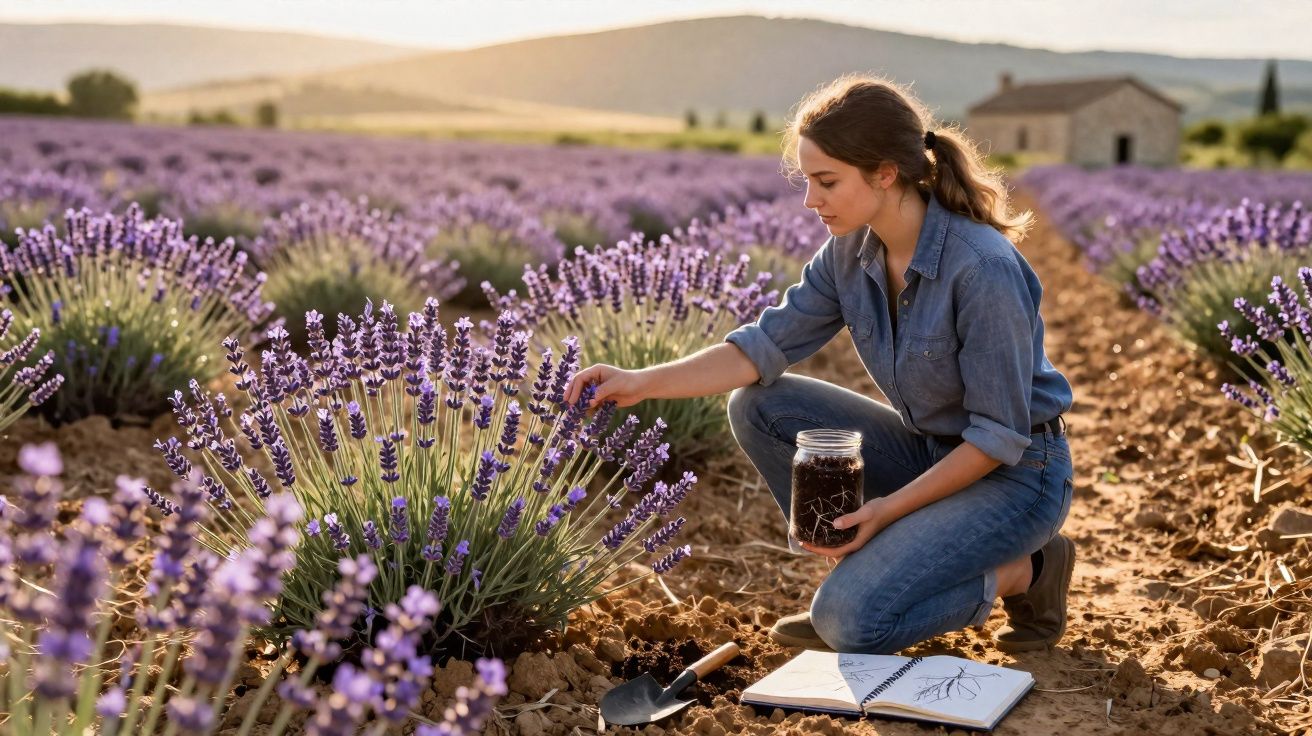 Mulher a colher lavanda numa plantação, com caderno de desenho e frasco na mão, céu ao fundo.