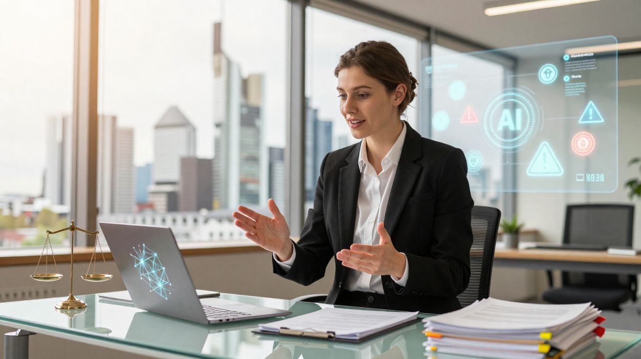 Advogada a trabalhar num escritório moderno com gráficos digitais de inteligência artificial no ecrã do portátil.