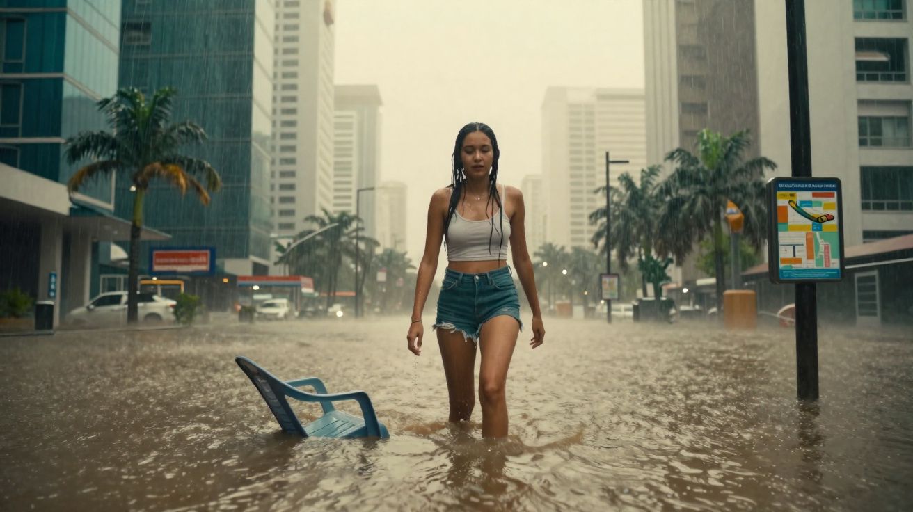 Mulher com top branco e calção azul caminha em rua inundada com cadeira e paragem de autocarro submersas.