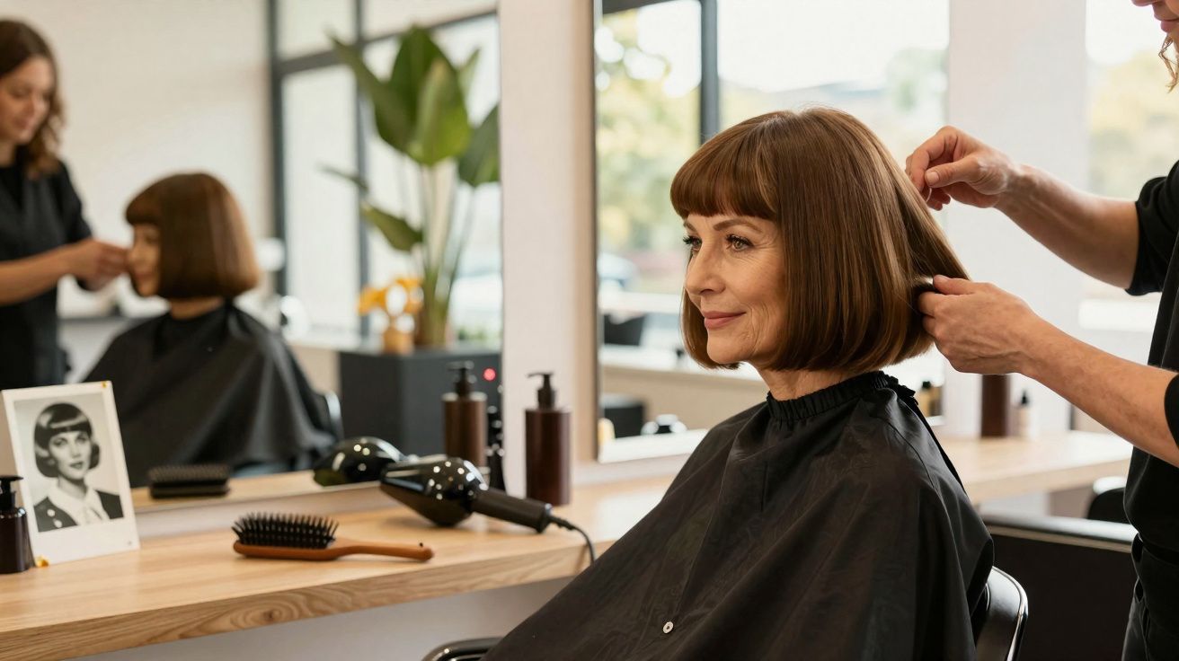 Mulher de cabelo curto castanho a ser estilizada por cabeleireiro num salão moderno e iluminado.