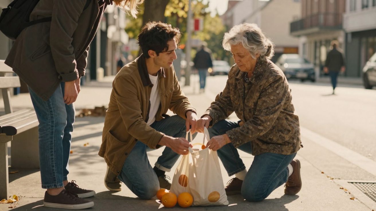 Pessoa idosa e dois jovens apanham laranjas caídas na rua durante o dia, interagindo amistosamente.