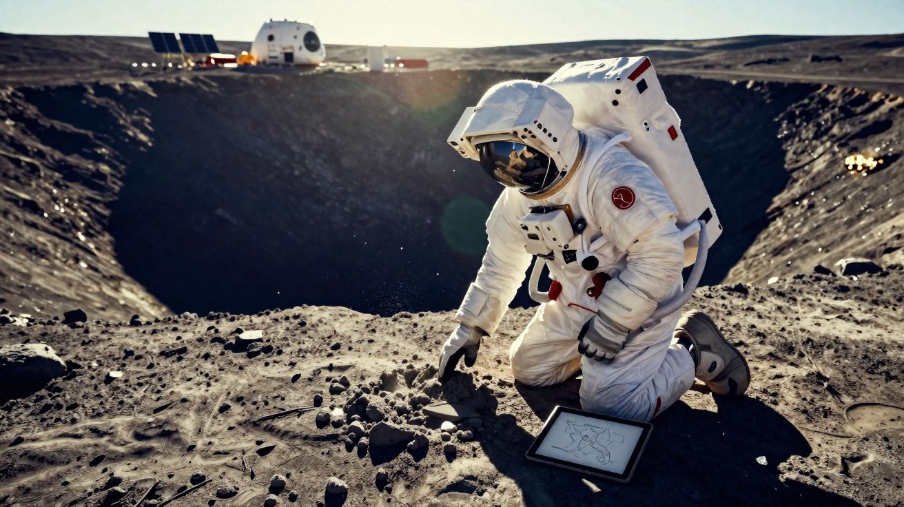 Astronauta em fato espacial branco analisa rochas num terreno lunar com base e cratera ao fundo.
