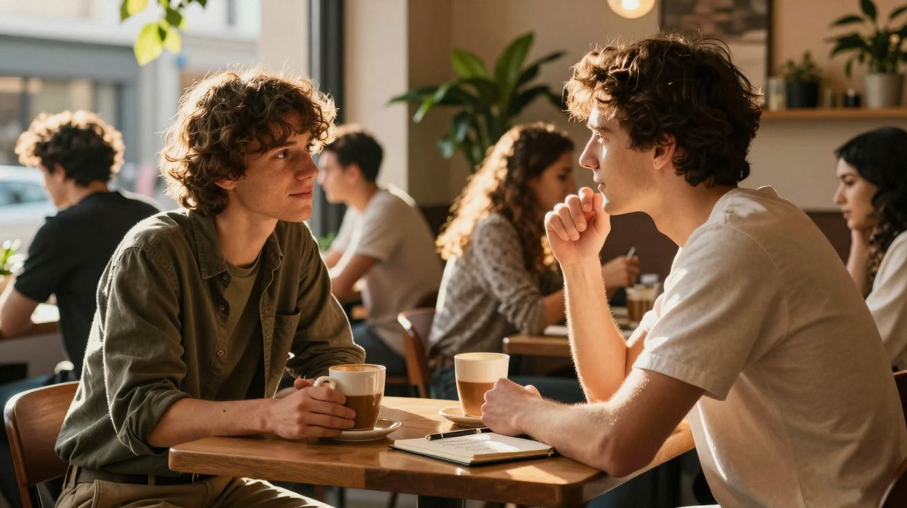 Dois jovens sentados a conversar numa cafeteria, com cafés e cadernos na mesa, ambiente acolhedor e iluminado.