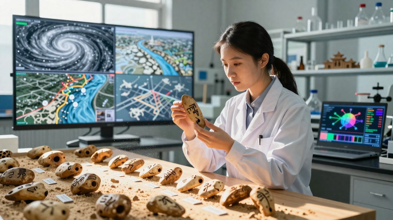 Cientista em laboratório analisa artefatos arqueológicos com escrita antiga numa mesa cheia de fragmentos.