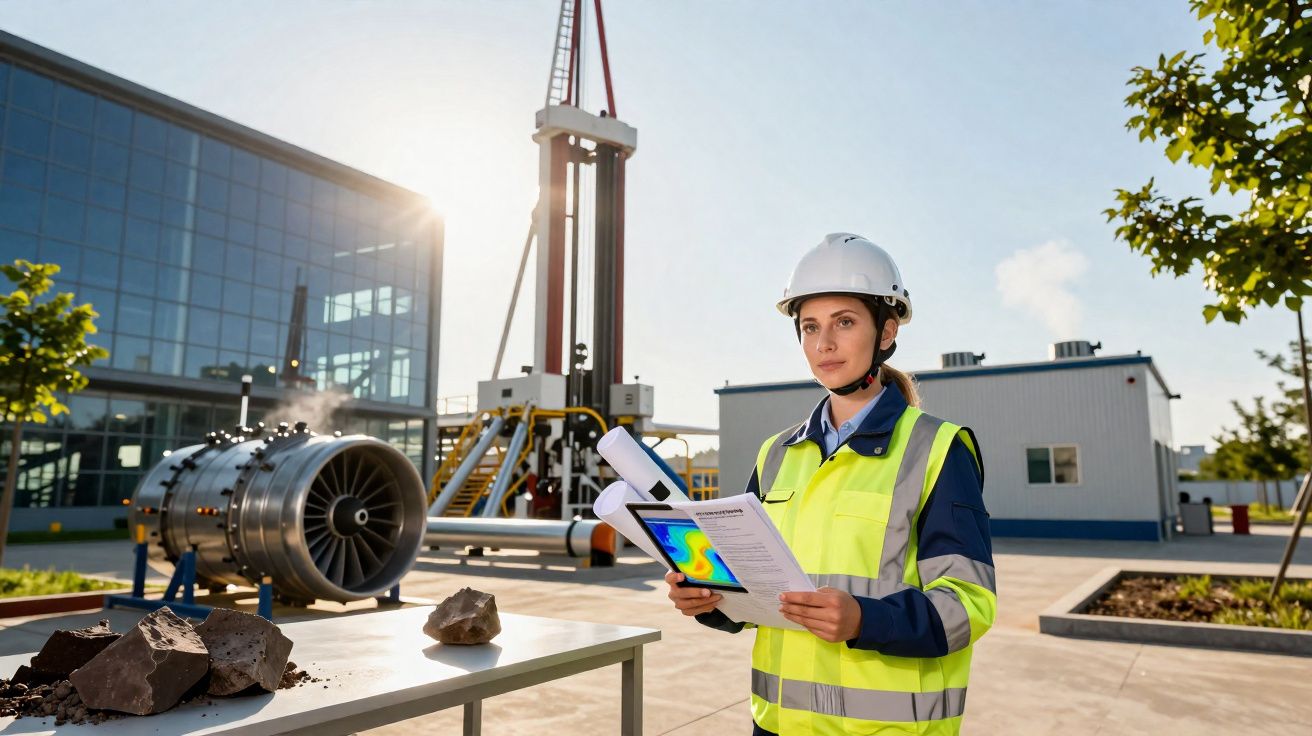 Engenheira com capacete e colete reflete em documentos numa plataforma industrial ao ar livre.