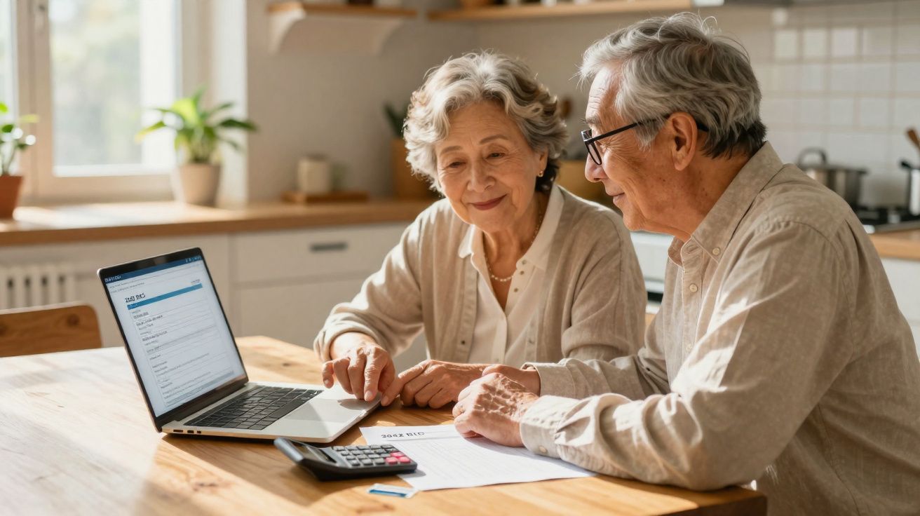 Casal sénior sentado à mesa da cozinha a consultar documentos e um computador portátil.