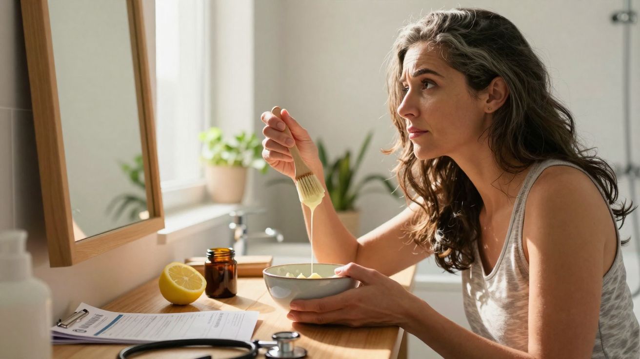 Mulher a aplicar máscara facial com pincel na cara numa casa de banho iluminada.