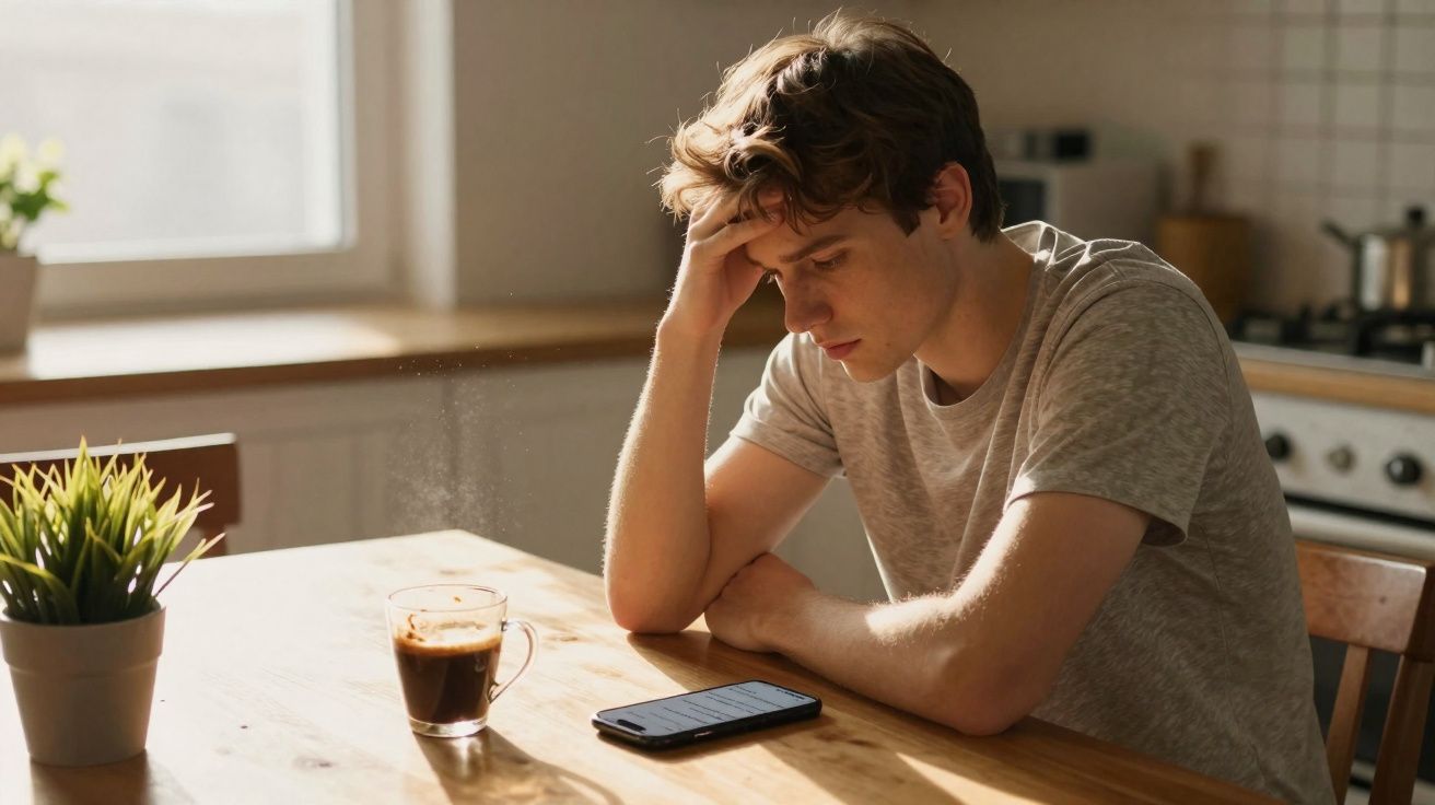 Jovem sentado à mesa, preocupado, olhando para o telemóvel com café e planta numa cozinha iluminada.