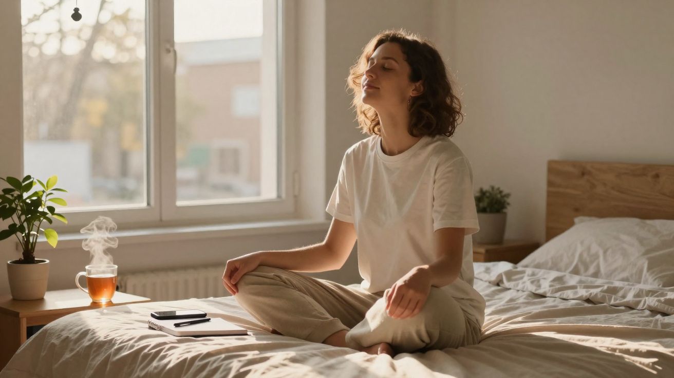 Mulher sentada em posição de meditação numa cama com luz natural a entrar pela janela.
