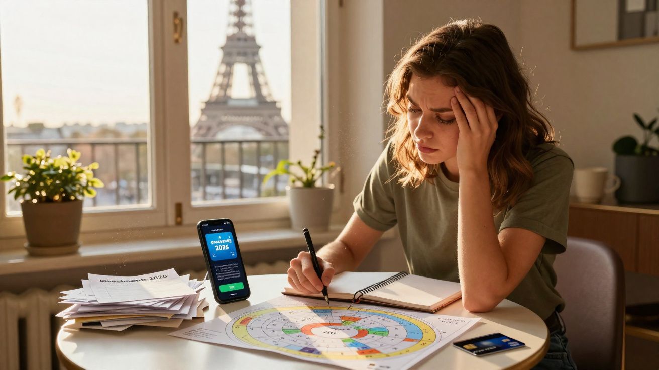 Mulher preocupada a analisar mapas astrológicos e documentos, com Torre Eiffel ao fundo.