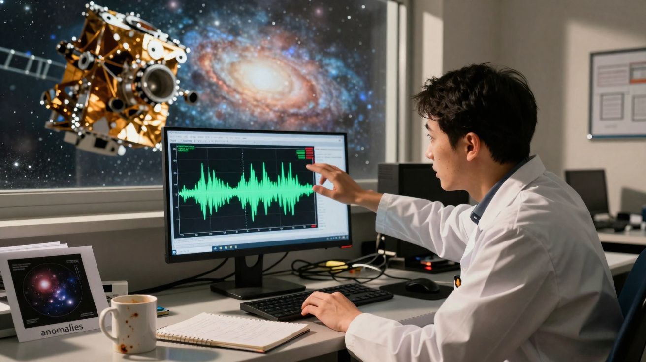 Cientista analisa dados gráficos num computador, com imagem de satélite e galáxia ao fundo.