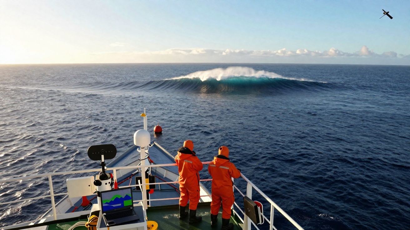 Dois tripulantes em fato laranja observam uma grande onda no mar a partir da proa de um navio.