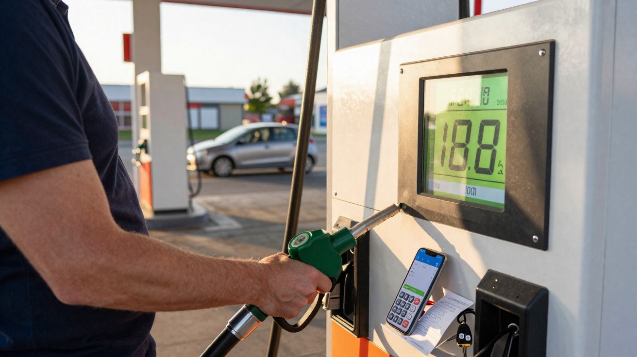 Pessoa a abastecer combustível com bico verde em bomba de gasolina com visor a mostrar 18,8.