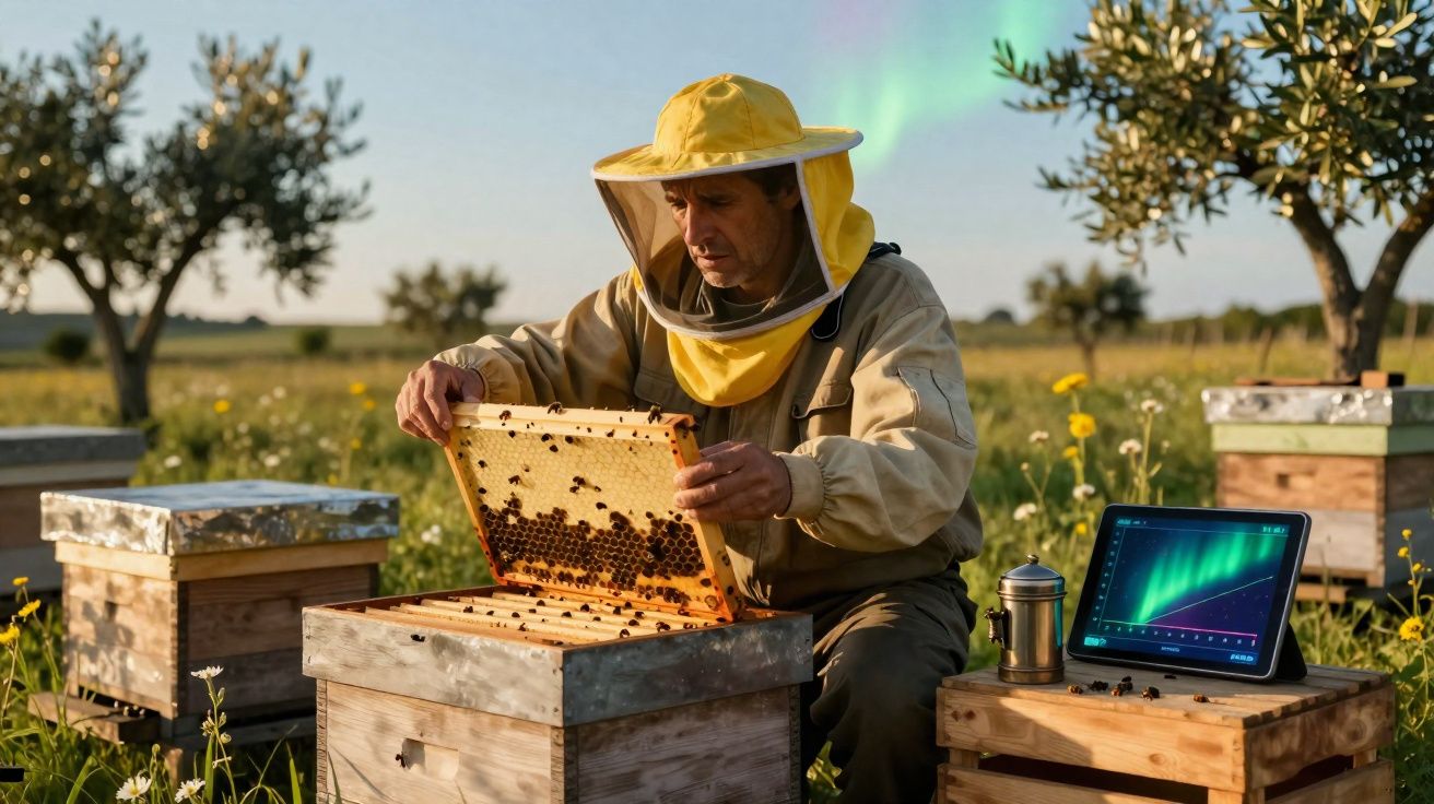 Apicultor a inspecionar colmeia ao ar livre com tablet a mostrar dados ao lado num campo florido.