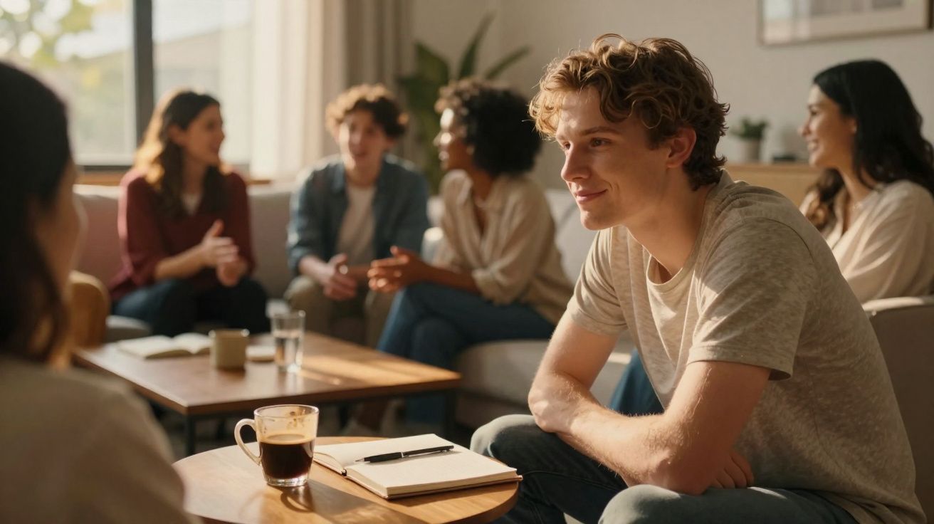 Jovens sentados em círculo numa sala, conversando, com cadernos e café em mesas pequenas.