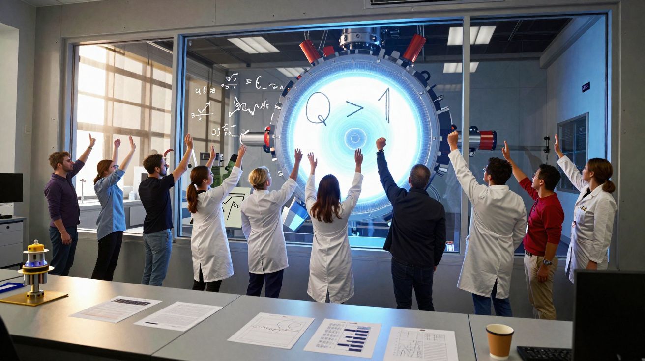 Grupo de cientistas diante de máquina futurista com símbolos matemáticos numa sala de laboratório.