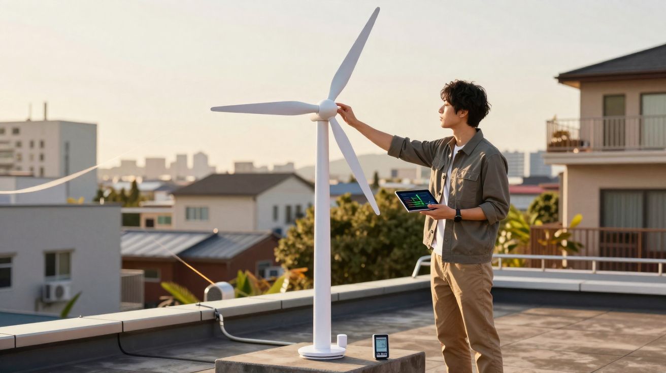 Pessoa jovem a inspecionar modelo de moinho de vento com tablet numa cobertura urbana.