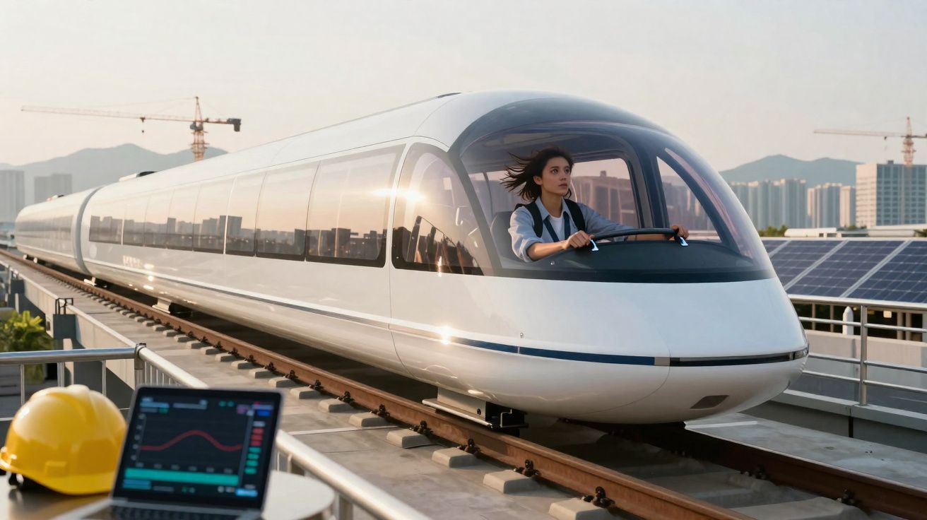 Comboio futurista branco em linha elevada com condutora mulher, detalhes urbanos e capacete amarelo em primeiro plano.