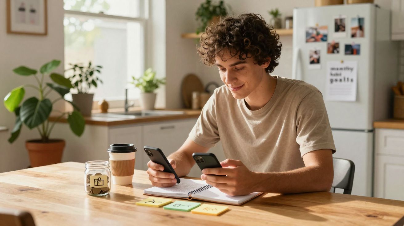 Jovem sentado à mesa a usar dois telemóveis, com caderno, post-its, café e cofrinho à sua frente.