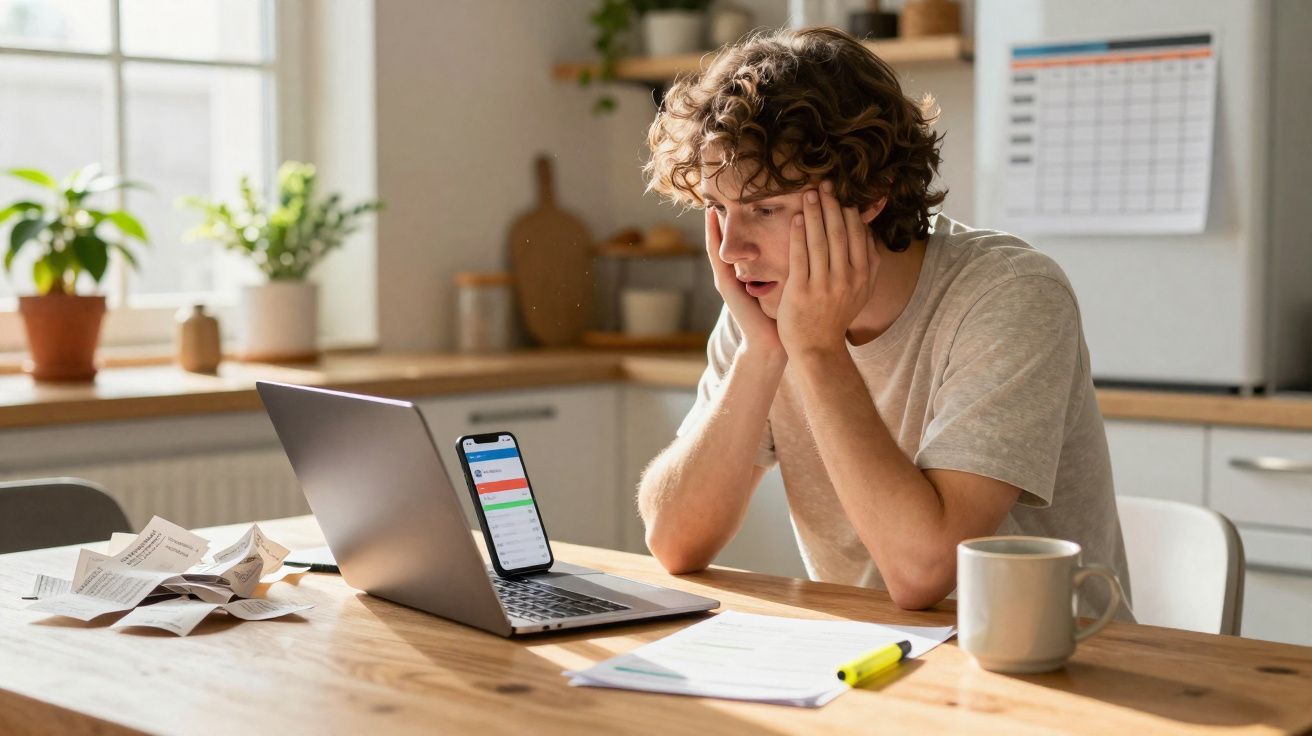 Homem preocupado a olhar para portátil e smartphone numa cozinha com papéis espalhados na mesa.