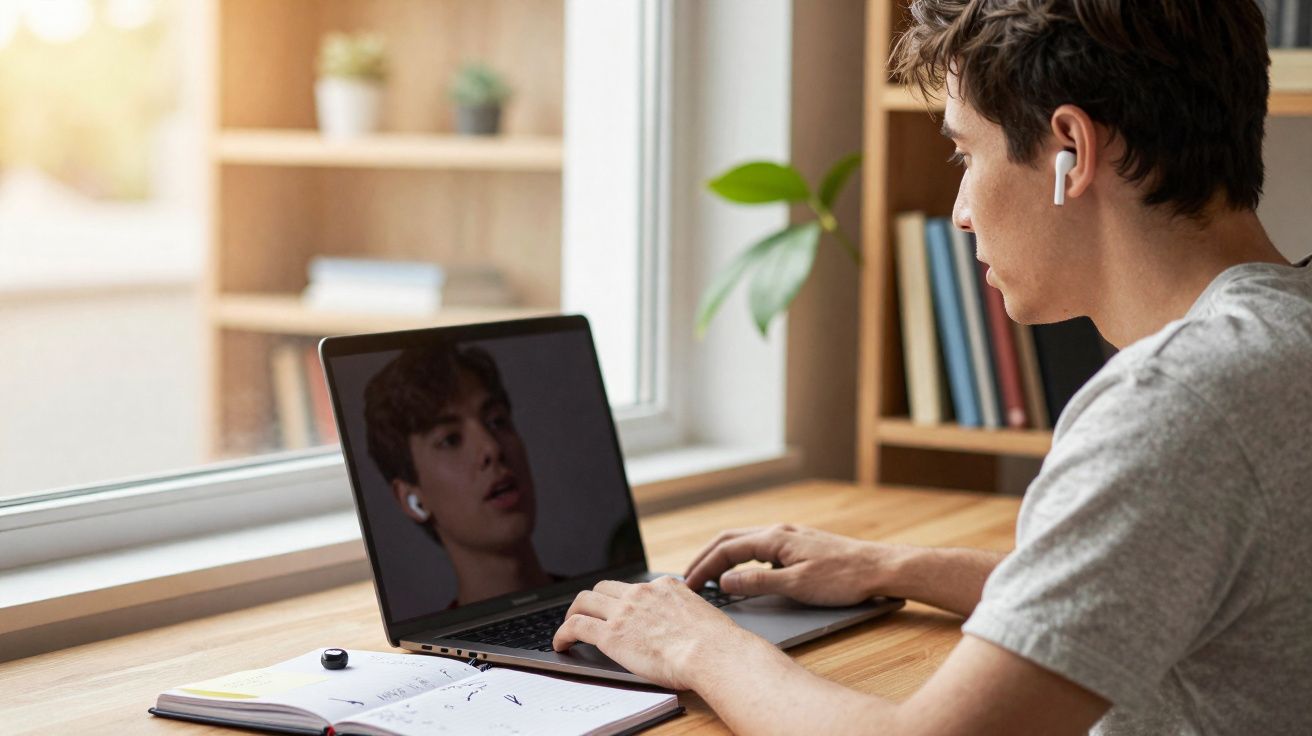 Jovem com auriculares sem fios ao computador, numa mesa com caderno aberto, numa divisão iluminada pela janela.
