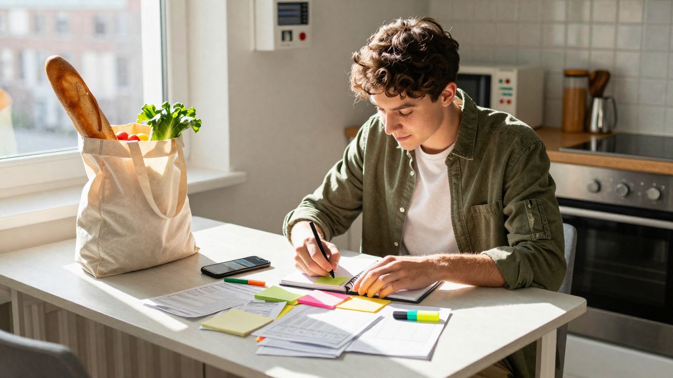 Jovem a escrever numa agenda com cadernos, notas adesivas e vegetais numa cozinha luminosa.