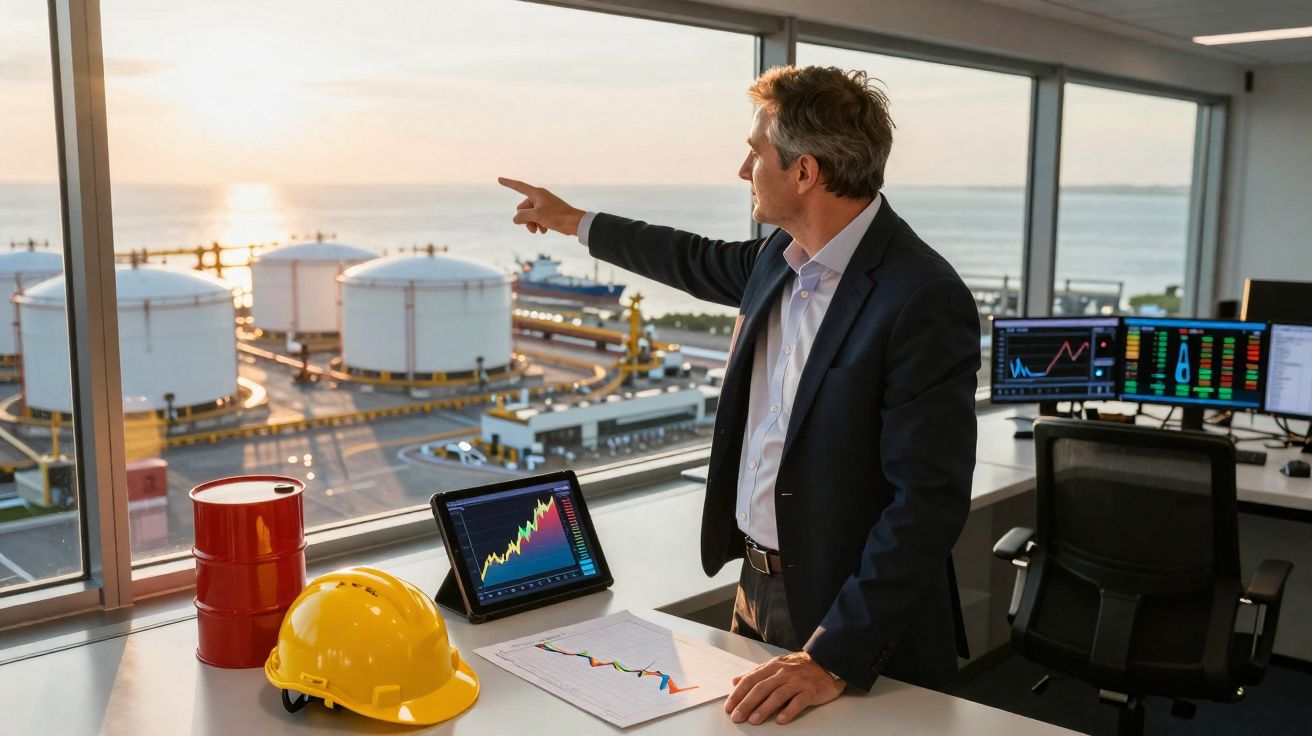 Homem de negócios aponta para tanques industriais vista a partir de escritório com gráficos económicos numa mesa.