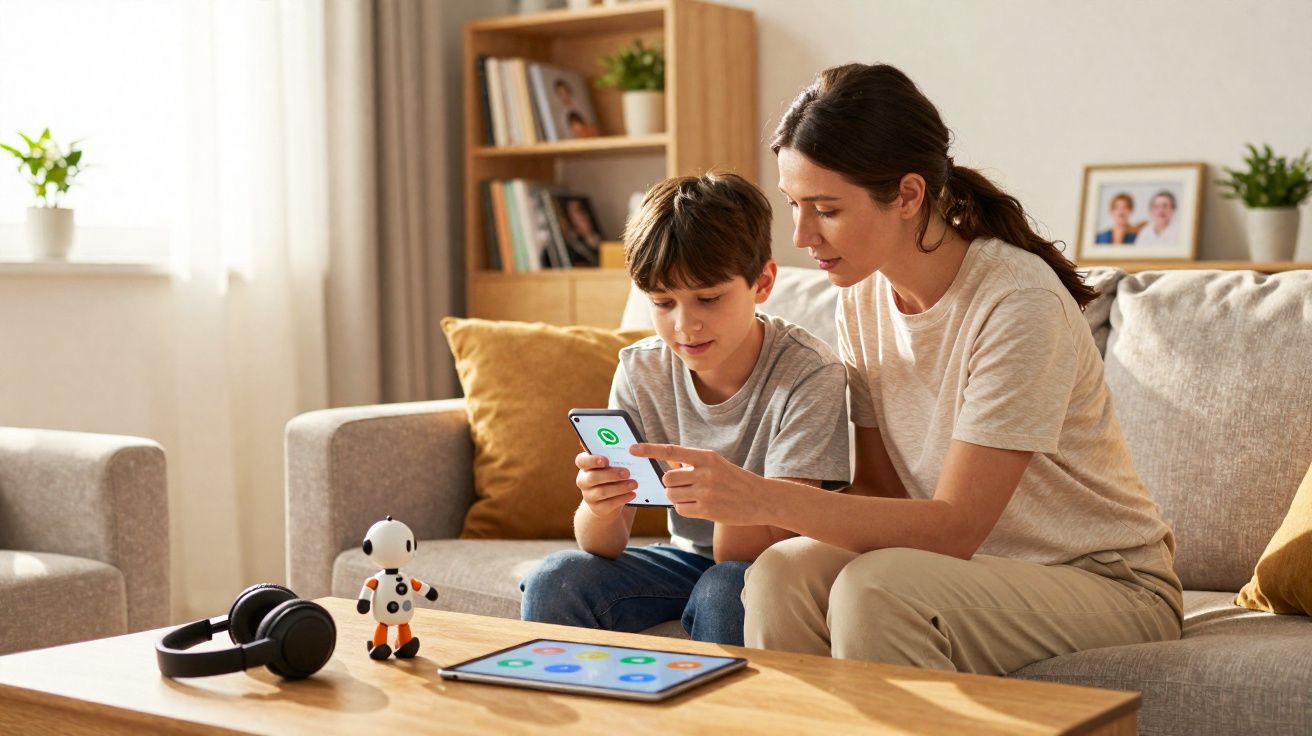 Mulher e menino sentados no sofá a usar smartphone, com tablet, auscultadores e robot numa mesa à frente.