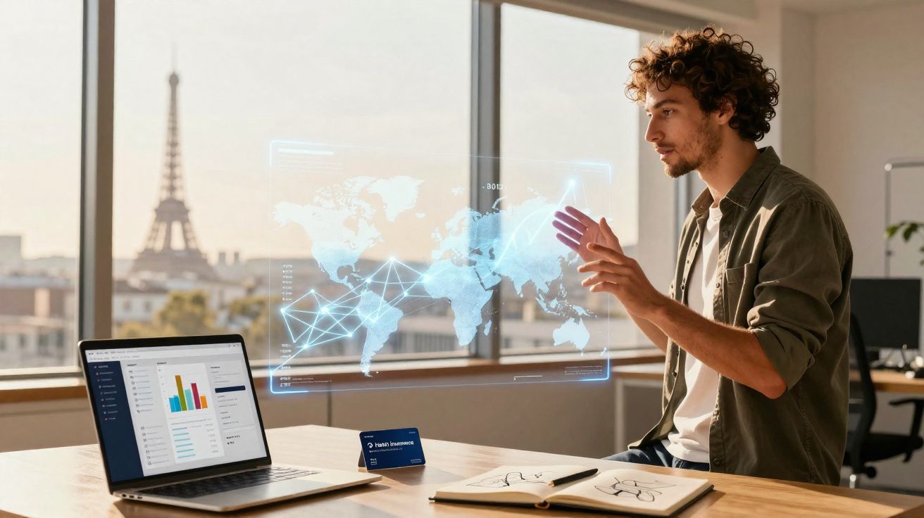 Homem a trabalhar num escritório com laptop aberto e projeção holográfica de mapa mundi junto à janela com vista para a Torre