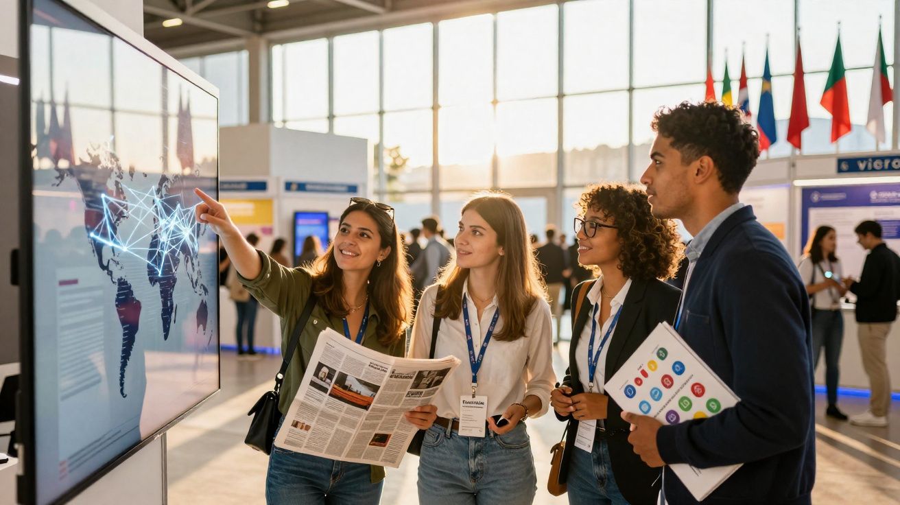 Grupo de jovens profissionais a analisar mapa digital interativo numa conferência, com bandeiras ao fundo.