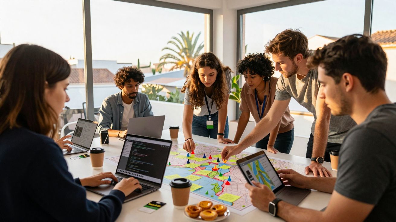 Grupo de jovens a colaborar numa mesa com laptops e um mapa colorido com marcadores num espaço de escritório moderno.
