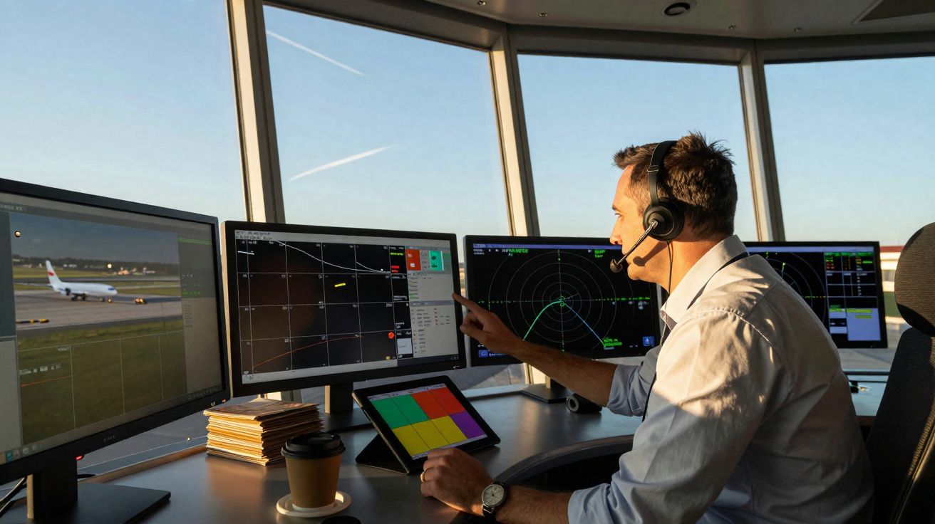 Controlador aéreo com auricular a monitorizar e gerir voos em vários ecrãs num torre de controlo.
