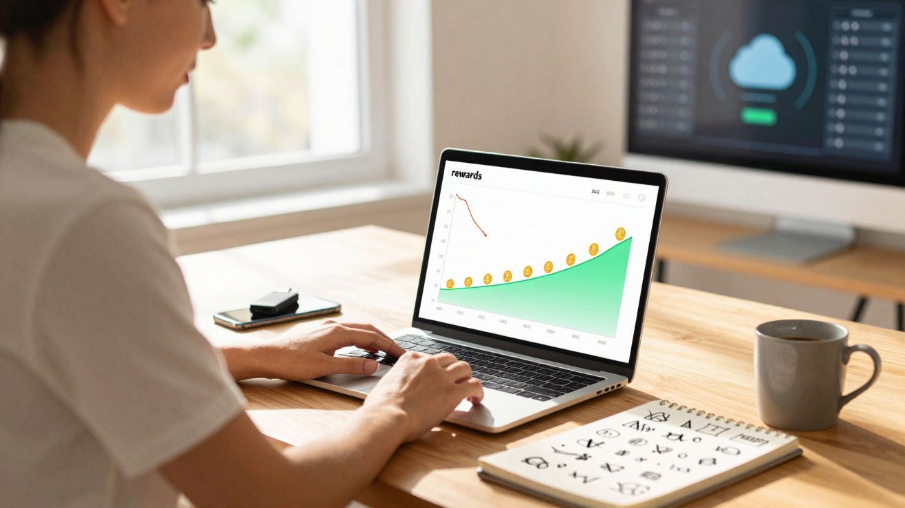 Pessoa a trabalhar num computador portátil com gráficos de crescimento financeiro numa mesa com caderno, garrafa, e chávena.