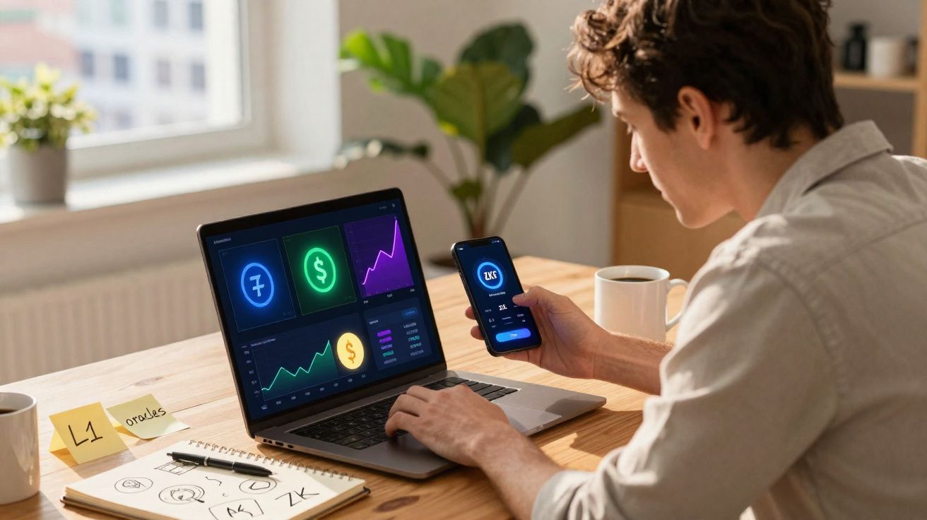 Pessoa a analisar gráficos financeiros no portátil enquanto segura um smartphone, num ambiente de escritório.