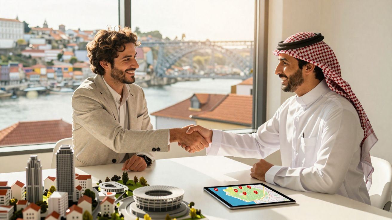 Dois homens em reunião de negócios apertam as mãos, com maquete e tablet aberto numa mesa junto a uma janela.