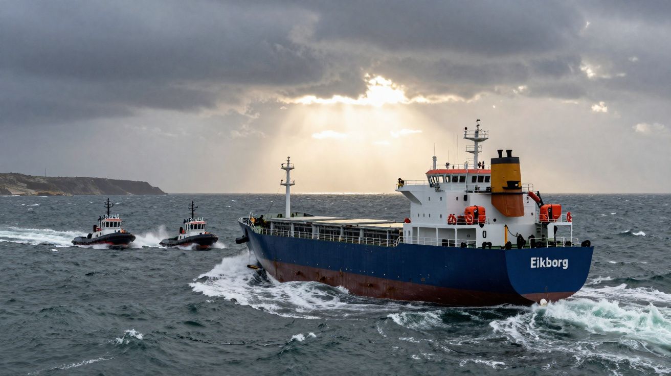 Navio de carga Eikborg acompanhado por dois rebocadores em mar agitado sob céu nublado.