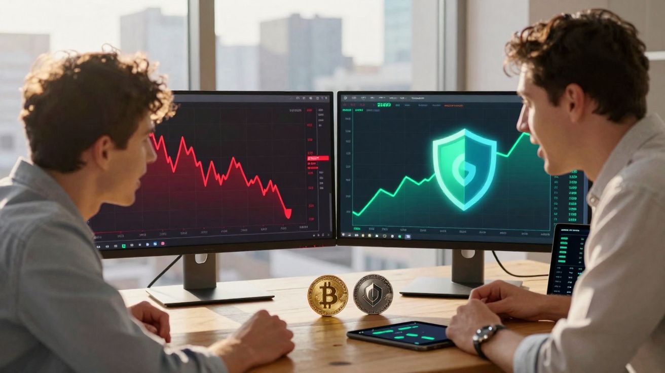 Duas pessoas analisam gráficos financeiros de criptomoedas em dois ecrãs num escritório moderno.