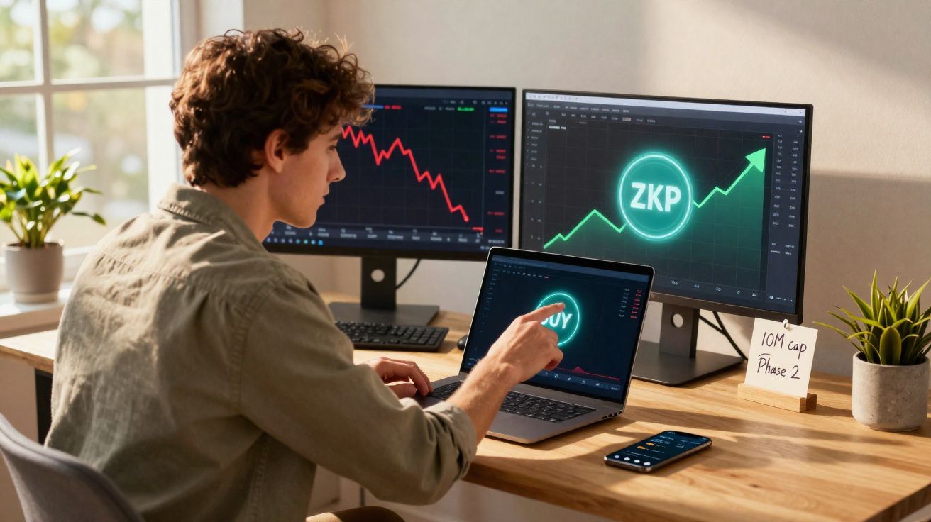 Pessoa a analisar gráficos de ações em três ecrãs num ambiente de trabalho com plantas e luz natural.