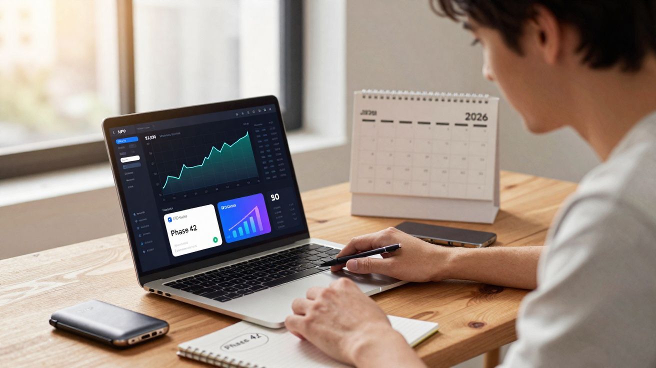 Pessoa a trabalhar num computador portátil com gráficos de análise e calendário de mesa visível.